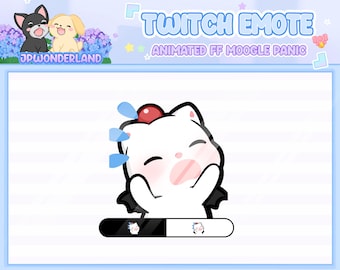 Puede incluir: Un emote de Twitch animado con un gato de dibujos animados blanco con una cereza roja, gotas de sudor azules y una expresión de pánico. Incluye una barra de progreso. El texto dice "TWITCH EMOTE" y "ANIMATED FF MOOGLE PANIC".