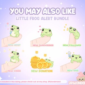 May include: A set of six animated Twitch alerts featuring a green frog with different expressions and actions. The alerts include "New Host", "New Subscriber", "New Follower", "New Cheer", "New Donation", and "New Raid".