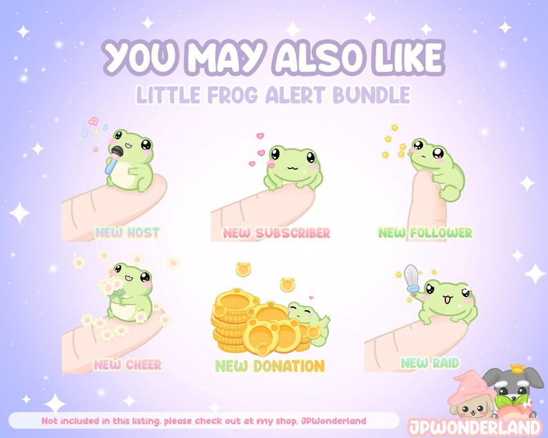 May include: A set of six animated Twitch alerts featuring a green frog with different expressions and actions. The alerts include "New Host", "New Subscriber", "New Follower", "New Cheer", "New Donation", and "New Raid".