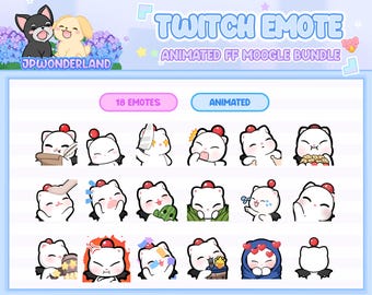 May include: A set of 18 animated Twitch emotes featuring a cute white cat with red accents and various expressions. The emotes are part of a "FF Moogle Bundle" and are labeled "Animated".