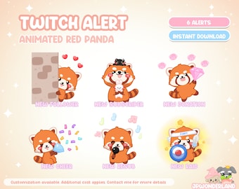 May include: Six animated Twitch alerts featuring a red panda in different poses. The alerts include new follower, new subscriber, new donation, new cheer, new resub, and new raid. The alerts are in a cartoon style and are designed to be used on Twitch.