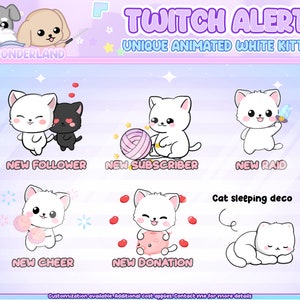 Unique Animated Twitch Alert Bundle - Cute White Kitty / Cat Twitch Alerts | Cat stream alerts | Cute Cat animations | Stream Deco