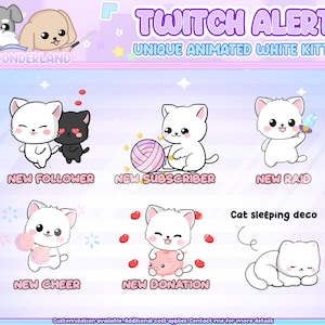 Unieke geanimeerde Twitch Alert-bundel: Twitch Alerts schattige witte kat/kat | Waarschuwingen voor kattenstreams | Schattige kattenanimaties | Streamdeco
