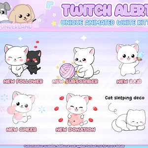 Unique Animated Twitch Alert Bundle - Cute White Kitty / Cat Twitch Alerts | Cat stream alerts | Cute Cat animations | Stream Deco