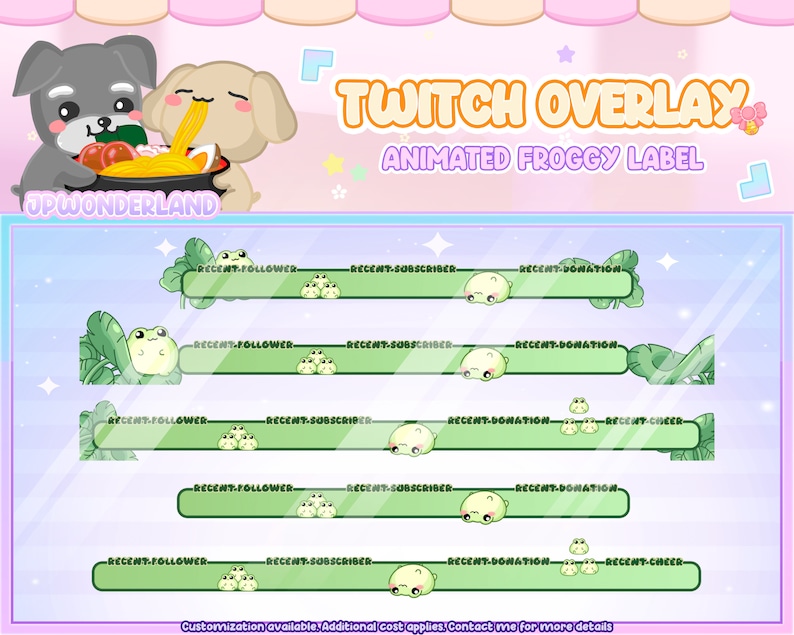 May include: Animated Twitch overlay with a green frog theme. The overlay features five customisable bars with text labels for recent followers, subscribers, donations, and cheers. The bars are set against a light blue background with green leaves and a light pink border.