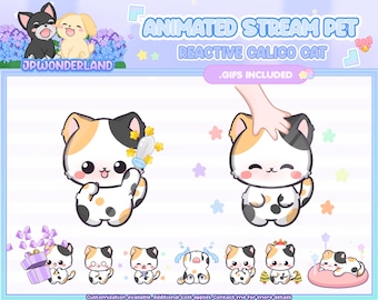 Puede incluir: Mascota de transmisión de gato calico animado con diferentes expresiones. El gato es blanco, negro y naranja con manchas negras. El gato sostiene una botella de leche en una imagen. El texto en la imagen dice "Animated Stream Pet Reactive Calico Cat .GIFs Included".