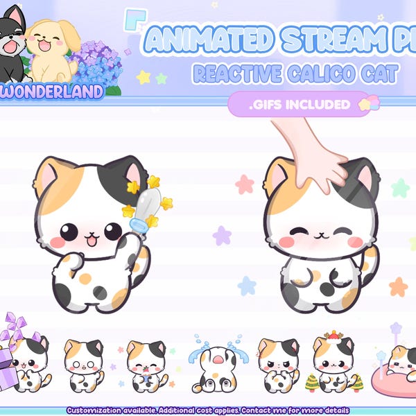 Cute Animated Calico Cat Stream Pet with 15 expressions, reacts to commands and alerts | Digital assets | Stream Deco | Twitch