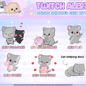 Unique Animated Twitch Alert Bundle - Cute grey Kitty / Cat Twitch Alerts | Cat stream alerts | Cute Cat animations | Stream Deco