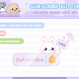 Könnte beinhalten: Animierter Abonnieren-Button mit einem niedlichen weißen Kaninchen, das ein Schild mit der Aufschrift "Gefällt mir" hält. Der Button ist rosa und blau mit einem Glockensymbol. Der Text "Abonnieren-Button" ist in rosa und blau. Der Text "Animiertes Kaninchen mit Soundeffekten" ist in rosa und blau. Der Text "WEBM - SCHLEIFE ALLE 30S, 60S, 5MINS" ist in rosa und blau. Der Text "MOV" ist in rosa und blau. Der Text ".MP4 GRÜNER BILDSCHIRM" ist in rosa und blau. Der Text "Abonnieren" ist in rosa und blau. Der Text "Anpassung möglich Zusätzliche Kosten fallen an Kontaktieren Sie mich für weitere Details" ist in rosa und blau.