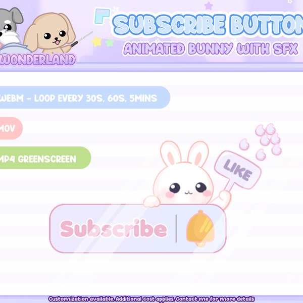 Animated Streaming Subscribe Button Overlay w SFX / Cute Rabbit Animation / Cute Stream Setup / Intro Video / Youtube / Twitch / Facebook