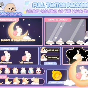 Animated Cute Bunny walking on the moon (Dark) Full Stream Bundle Package for Twitch / Youtube - Overlay Pack / Kawaii Rabbit / Moon / Star
