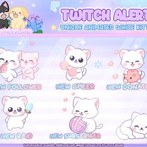 Animated Cute White Kitty Twitch Alert Bundle -  Cat Twitch Alerts | Kitty stream alerts | Cute Pastel Cat animations | Stream Deco
