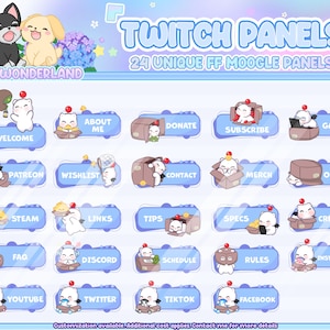 May include: 24 unique Twitch panels featuring a cartoon character with a red hat and a white body. The panels are labeled with different categories, such as "Welcome", "About Me", "Donate", "Subscribe", "Games", "Patreon", "Wishlist", "Contact", "Merch", "Others", "Steam", "Links", "Tips", "Specs", "Credits", "FAQ", "Discord", "Schedule", "Rules", "Instagram", "YouTube", "Twitter", "TikTok", and "Facebook".