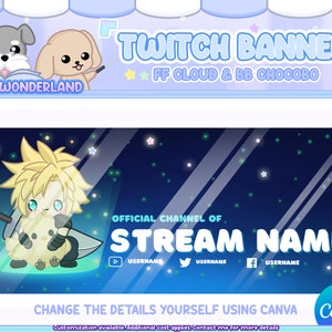 May include: A blue and white Twitch banner with a cartoon image of Cloud Strife from Final Fantasy VII holding a Chocobo. The banner text reads "Twitch Banner FF Cloud & BB Chocobo" and "Official Channel of Stream Name".