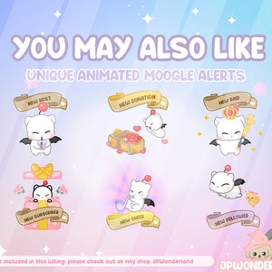 May include: A set of six animated Twitch alerts featuring a cute white moogle character with different expressions and accessories. The alerts are for new host, new donation, new raid, new subscriber, new cheer, and new follower.