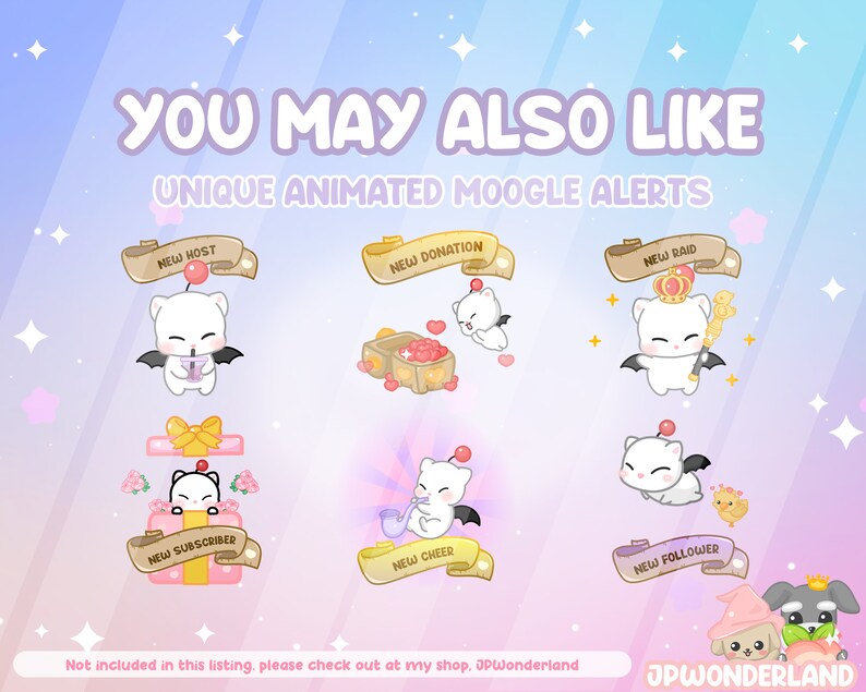May include: A set of six animated Twitch alerts featuring a cute white moogle character with different expressions and accessories. The alerts are for new host, new donation, new raid, new subscriber, new cheer, and new follower.