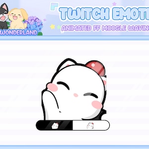May include: A Twitch emote featuring a white cartoon character with a red bow, waving. The emote has pink cheeks and a black outline. The text "TWITCH EMOTE ANIMATED FF MOOGLE WAVING" is displayed above the character.