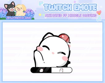 Puede incluir: Un emoticono de Twitch con un personaje de dibujos animados blanco con un lazo rojo, saludando. El emoticono tiene mejillas rosadas y un contorno negro. El texto "TWITCH EMOTE ANIMATED FF MOOGLE WAVING" se muestra arriba.