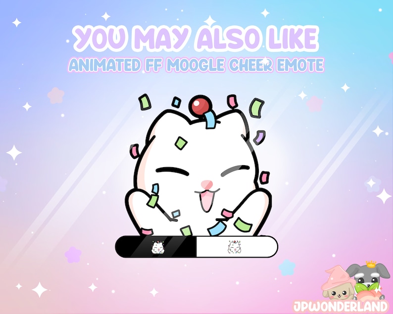 May include: A cartoon image of a white cat with a red cherry on its head, surrounded by confetti. The cat is smiling and has its arms raised. The text "YOU MAY ALSO LIKE ANIMATED FF MOOGLE CHEER EMOTE" is at the top.