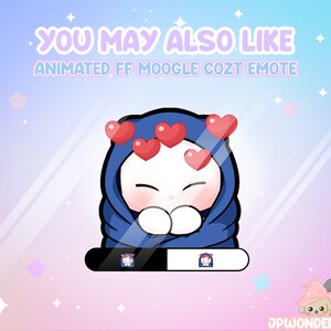 Op de afbeelding: Een geanimeerde emote met een wit personage in een blauwe capuchon, met rode harten erboven. De afbeelding bevat de tekst "YOU MAY ALSO LIKE ANIMATED FF MOOGLE COZT EMOTE" en een voortgangsbalk.