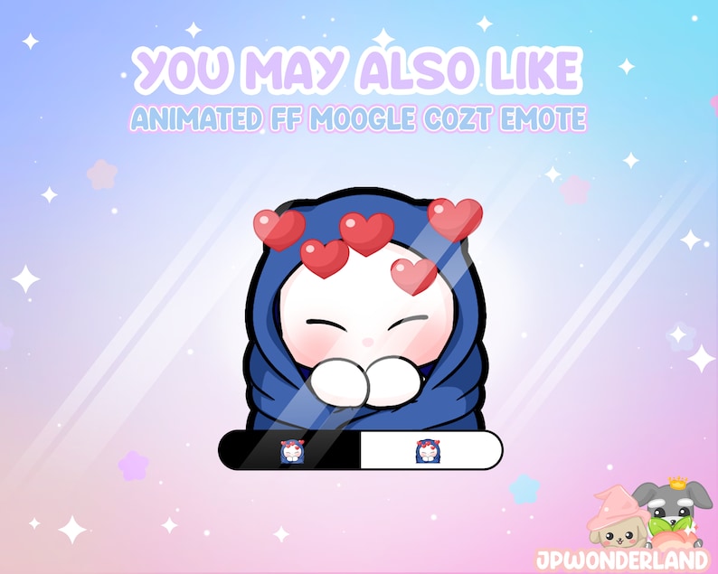 Op de afbeelding: Een geanimeerde emote met een wit personage in een blauwe capuchon, met rode harten erboven. De afbeelding bevat de tekst "YOU MAY ALSO LIKE ANIMATED FF MOOGLE COZT EMOTE" en een voortgangsbalk.