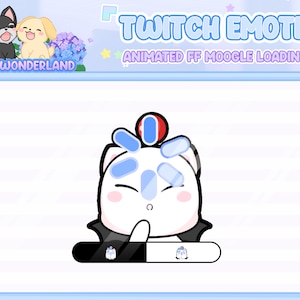 May include: Animated Twitch emote featuring a white cat with a red and blue hat, blue eyes, and a black cape. The cat is holding a black and white progress bar with a blue and white icon on each end. The text "TWITCH EMOTE ANIMATED FF MOOGLE LOADING" is displayed above the cat.