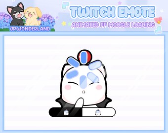 Puede incluir: Emoticono animado de Twitch que representa un gato blanco con un sombrero rojo y azul, ojos azules y una capa negra. El gato sostiene una barra de progreso negra y blanca con un icono azul y blanco en cada extremo. El texto "TWITCH EMOTE ANIMATED FF MOOGLE LOADING" se muestra encima del gato.
