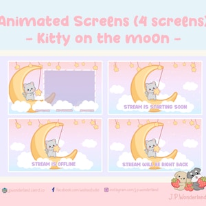 Animierte Twitch Kitty on the Moon Bildschirme - Offline, Bald starten, Be Right Back & Chat Screens