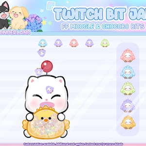 Könnte beinhalten: Ein weißer Moogle-Charakter hält einen gelben Chocobo-Charakter, der mit kleineren Moogle- und Chocobo-Charakteren gefüllt ist. Das Bild enthält den Text "Twitch Bit Jar" und "FF Moogle & Chocobo Bits".