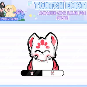 May include: Animated Twitch emote featuring a white nine-tailed fox with red markings, smiling and waving. The fox is wearing a red kimono with white accents. The text "ANIMATED NINE TAILED FOX DANCE" is displayed above the fox.