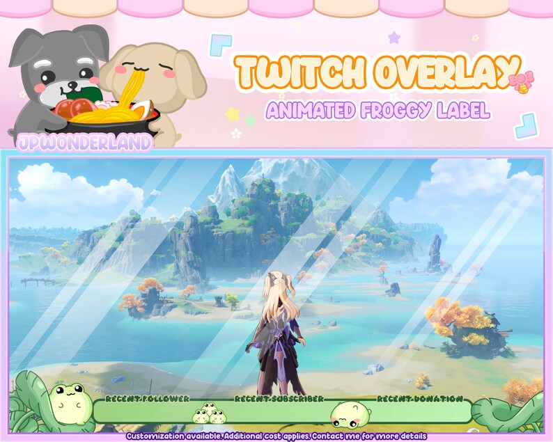May include: A Twitch overlay featuring a cartoon frog design. The overlay displays a background image of a fantasy landscape with a character standing in the foreground. The text "Twitch Overlay" and "Animated Froggy Label" is displayed at the top of the overlay. The text "Recent Follower", "Recent Subscriber", and "Recent Donation" is displayed at the bottom of the overlay.