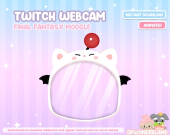 Puede incluir: Un Moogle blanco de Final Fantasy con un pompón rojo en la cabeza, utilizado como superposición de webcam de Twitch. La superposición está animada y tiene un fondo rosa con rayas blancas. El texto "Twitch Webcam" y "Final Fantasy Moogle" se muestra encima de la superposición. El texto "Descarga instantánea" y "Animado" se muestra en dos botones en el lado derecho de la imagen. El texto "Personalización disponible. Se aplica un costo adicional. Contáctame para más detalles" se muestra en la parte inferior de la imagen. El texto "JPWONDERLAND" se muestra en la esquina inferior derecha de la imagen.