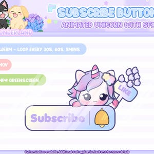 May include: Animated subscribe button featuring a cartoon unicorn with a pink and purple mane and a rainbow horn. The unicorn is holding a sign that says "Like" and is peeking over a blue button that says "Subscribe". The button has a gold bell icon next to the text. The background is a light purple with white stripes.