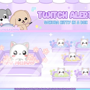 GEANIMEERDE Kitty Twitch Alerts - White Cat in Lavender Box met Sakura Flowers (Totaal 6 alerts)