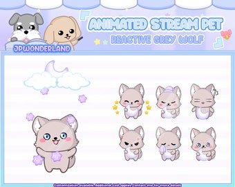 Cute Animated Grey Wolf Stream Pet with 11 expressions, reacts to commands and alerts | Digital assets | Stream Deco | Twitch Pets animation