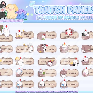 May include: 24 unique Twitch panels featuring a cartoon character with a red hat and a brown box. The panels are labeled with various Twitch categories, such as Welcome, Donate, Subscribe, Games, and more.
