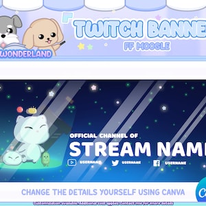 May include: A blue and purple Twitch banner with a starry night sky background. The banner features a cartoon cat and the text "OFFICIAL CHANNEL OF STREAM NAME".
