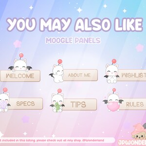 May include: A set of eight Twitch panels featuring a cute white cat character with pink accents. The panels are labeled "Welcome", "About Me", "Wishlist", "Specs", "Tips", "Rules", "JPWonderland", and "Not included in this listing. Please check out at my shop, JPWonderland".