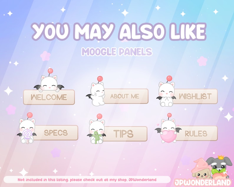 May include: A set of eight Twitch panels featuring a cute white cat character with pink accents. The panels are labeled "Welcome", "About Me", "Wishlist", "Specs", "Tips", "Rules", "JPWonderland", and "Not included in this listing. Please check out at my shop, JPWonderland".