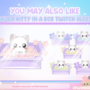 Puede incluir: Un conjunto de alertas de Twitch animadas con un gato blanco en una caja con flores rosas. Las alertas incluyen "nuevo seguidor", "nuevo raid", "nuevo gift sub", "nuevo cheer", "nueva sensaci&oacute;n" y "nuevo suscriptor".