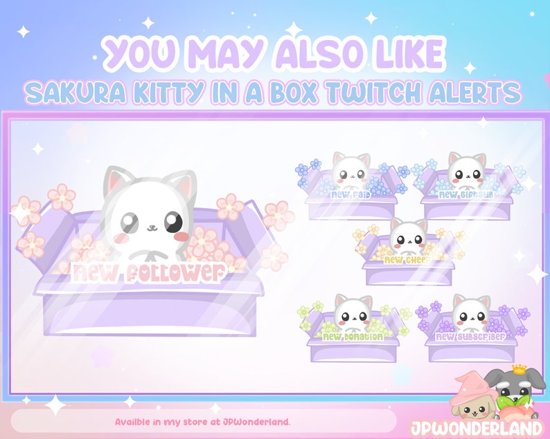 Puede incluir: Un conjunto de alertas de Twitch animadas con un gato blanco en una caja con flores rosas. Las alertas incluyen "nuevo seguidor", "nuevo raid", "nuevo gift sub", "nuevo cheer", "nueva sensaci&oacute;n" y "nuevo suscriptor".