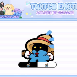 Peut inclure: Illustration numérique d'une émoticône Twitch représentant un personnage à la tête noire, portant un chapeau de paille avec un bandeau rouge et une tenue bleue. Le texte "TWITCH EMOTE ANIMATED FF VIVI PANIC" est affiché au-dessus du personnage. L'image comprend également le texte "JPWONDERLAND".