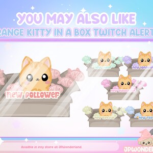 Puede incluir: Gato naranja de dibujos animados en una caja con peces. Alertas de Twitch para nuevo seguidor, nuevo cheer, nueva donaci&oacute;n, nuevo suscriptor, nuevo gift sub y nuevo raid.