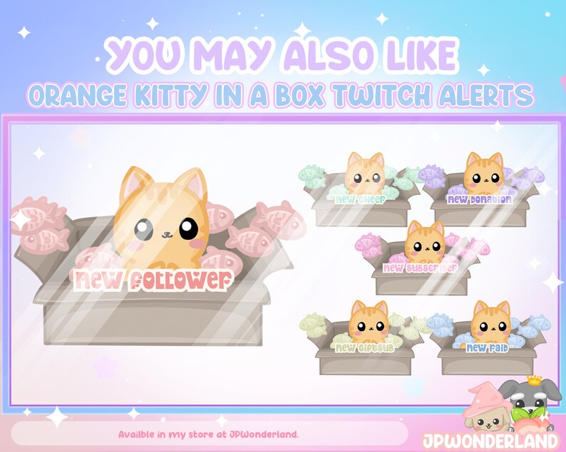 Puede incluir: Gato naranja de dibujos animados en una caja con peces. Alertas de Twitch para nuevo seguidor, nuevo cheer, nueva donaci&oacute;n, nuevo suscriptor, nuevo gift sub y nuevo raid.