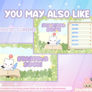 May include: Animated Twitch screens featuring a cute white cat character with a red ball on its head, sitting on a book with a feather in its paw. The text "Starting Soon" is displayed in a colorful font. The screens are set against a background of green leaves and flowers.