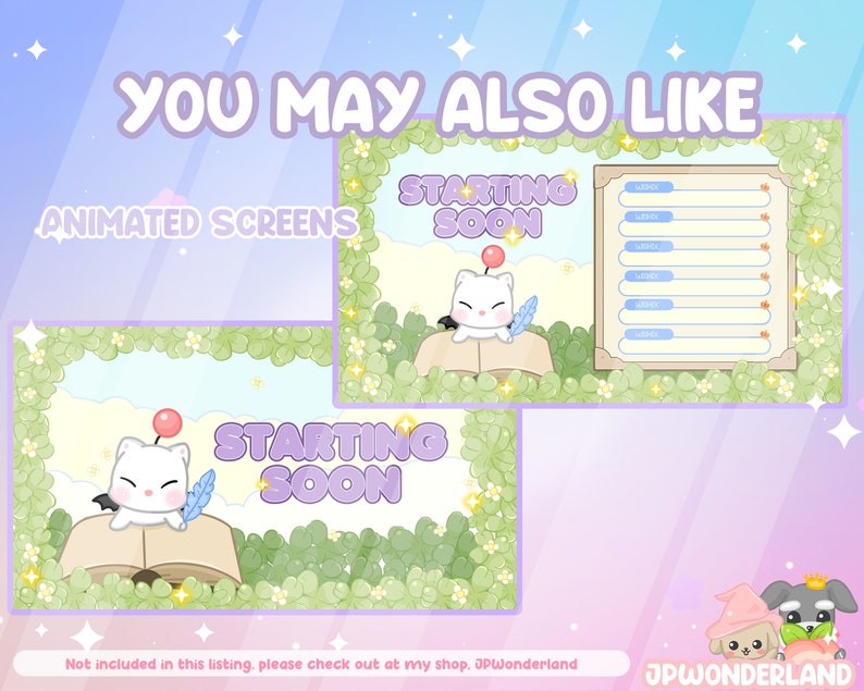 May include: Animated Twitch screens featuring a cute white cat character with a red ball on its head, sitting on a book with a feather in its paw. The text "Starting Soon" is displayed in a colorful font. The screens are set against a background of green leaves and flowers.
