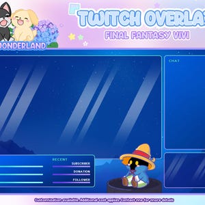 May include: A blue and purple Twitch overlay template featuring a cartoon Vivi from Final Fantasy. The overlay includes sections for chat, recent activity, and follower information. The text "JPWONDERLAND" is at the top of the overlay.