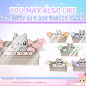 Puede incluir: Un conjunto de alertas de Twitch animadas con un gatito gris en una caja con peces de diferentes colores. Las alertas incluyen "Nuevo Seguidor", "Nuevo Suscriptor", "Nueva Donaci&oacute;n", "Nuevo Cheer" y "Nueva Incursi&oacute;n".