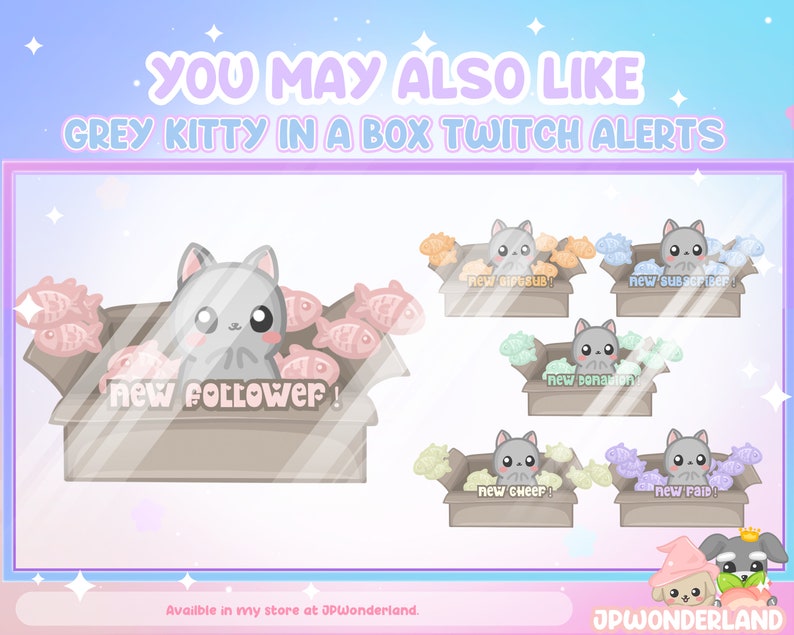 Puede incluir: Un conjunto de alertas de Twitch animadas con un gatito gris en una caja con peces de diferentes colores. Las alertas incluyen "Nuevo Seguidor", "Nuevo Suscriptor", "Nueva Donaci&oacute;n", "Nuevo Cheer" y "Nueva Incursi&oacute;n".