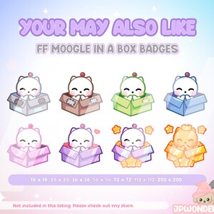 May include: Eight cartoon badges showcasing a white cat-like character with a red cherry on its head, in various coloured boxes. Text at the top reads "YOUR MAY ALSO LIKE FF MOOGLE IN A BOX BADGES". Sizes are listed in pixels.